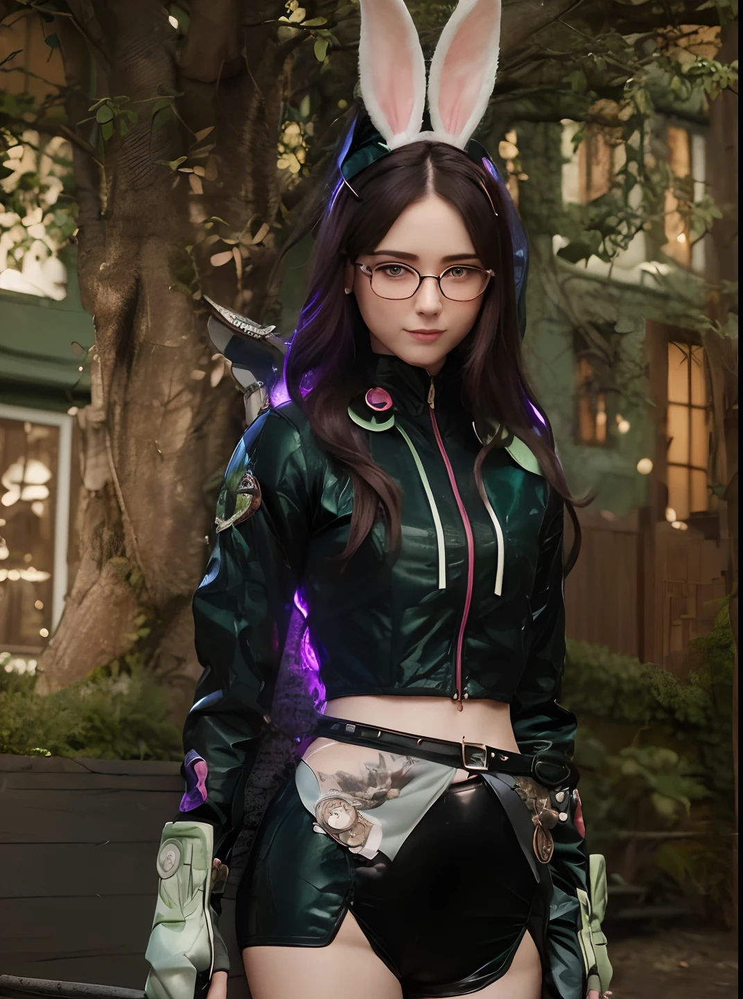 ((1lady)), ((Bunny head)), ((glasses)), ((long hair)), ((tree)), ((detailed)), ((realistic)), ((extremely detailed futuristic)), ((green jacket)), ((beauty face)), ((gloves)), ((undawn)), ((realistic clothes)), ((red eye)), ((cute)), ((pretty)), ((little smile)),