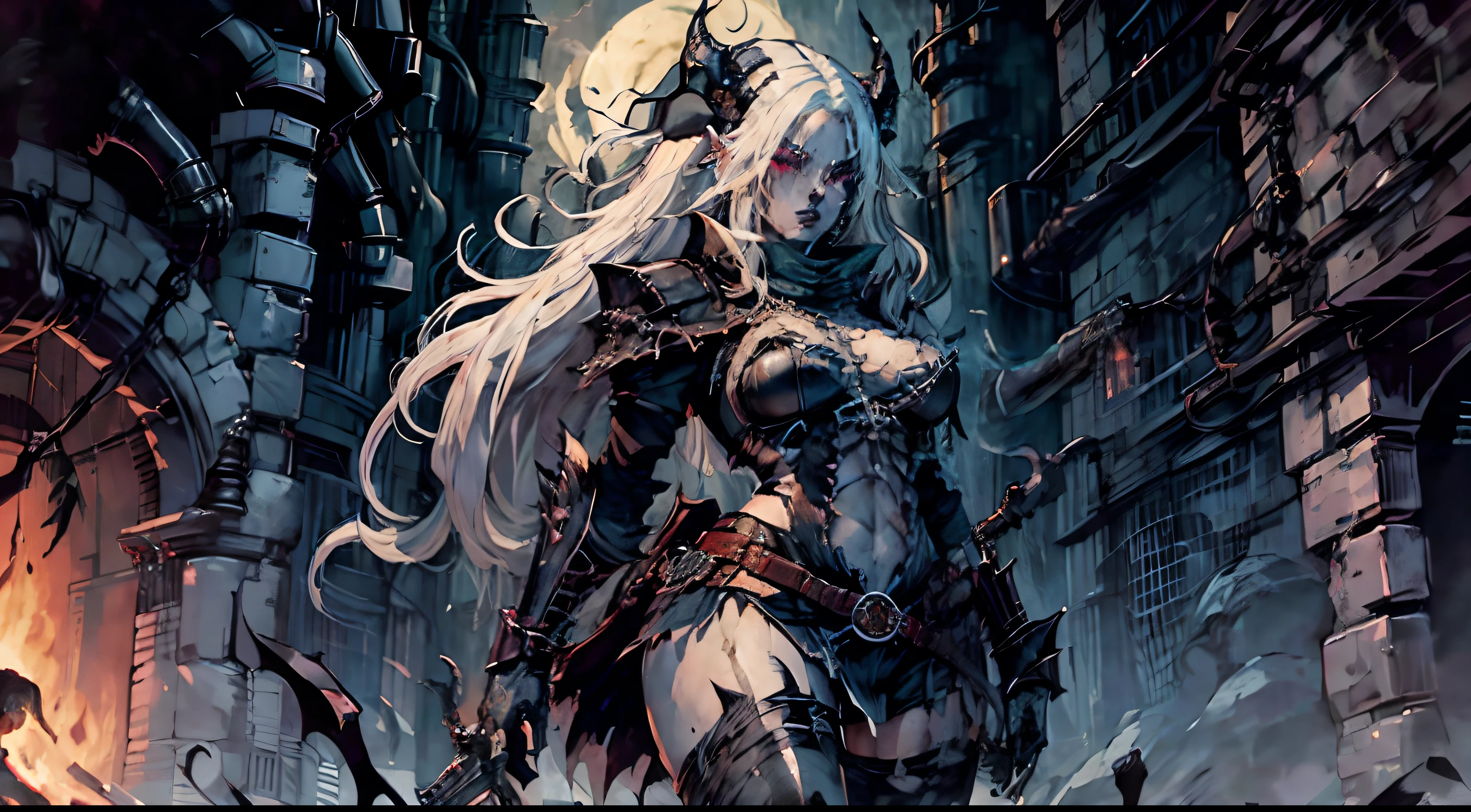 1girl, highres, beautiful face, succubus, white hair, pale skin, muscular, hypermuscle, Heavy metal album cover, hellfire, leather pants, leather jacket, road, thighs, wide hips, abs, chains, skulls, whip, spines