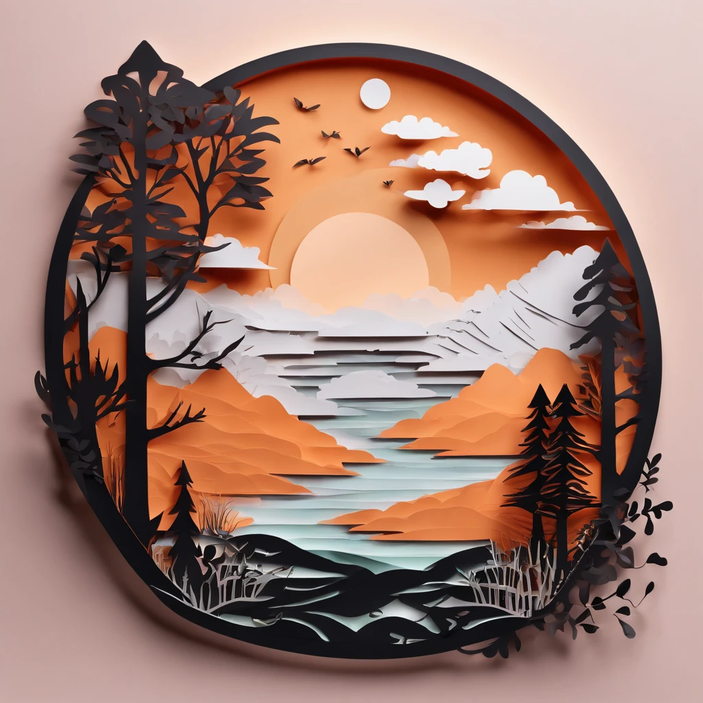 An intricate paper art style illustration of forest with a river running through it, with a dreamy orange and black pastel color palette.