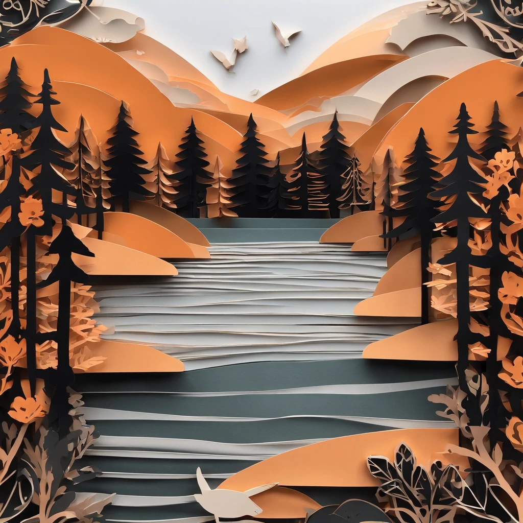 An intricate paper art style illustration of forest with a river running through it, with a dreamy orange and black pastel color palette.