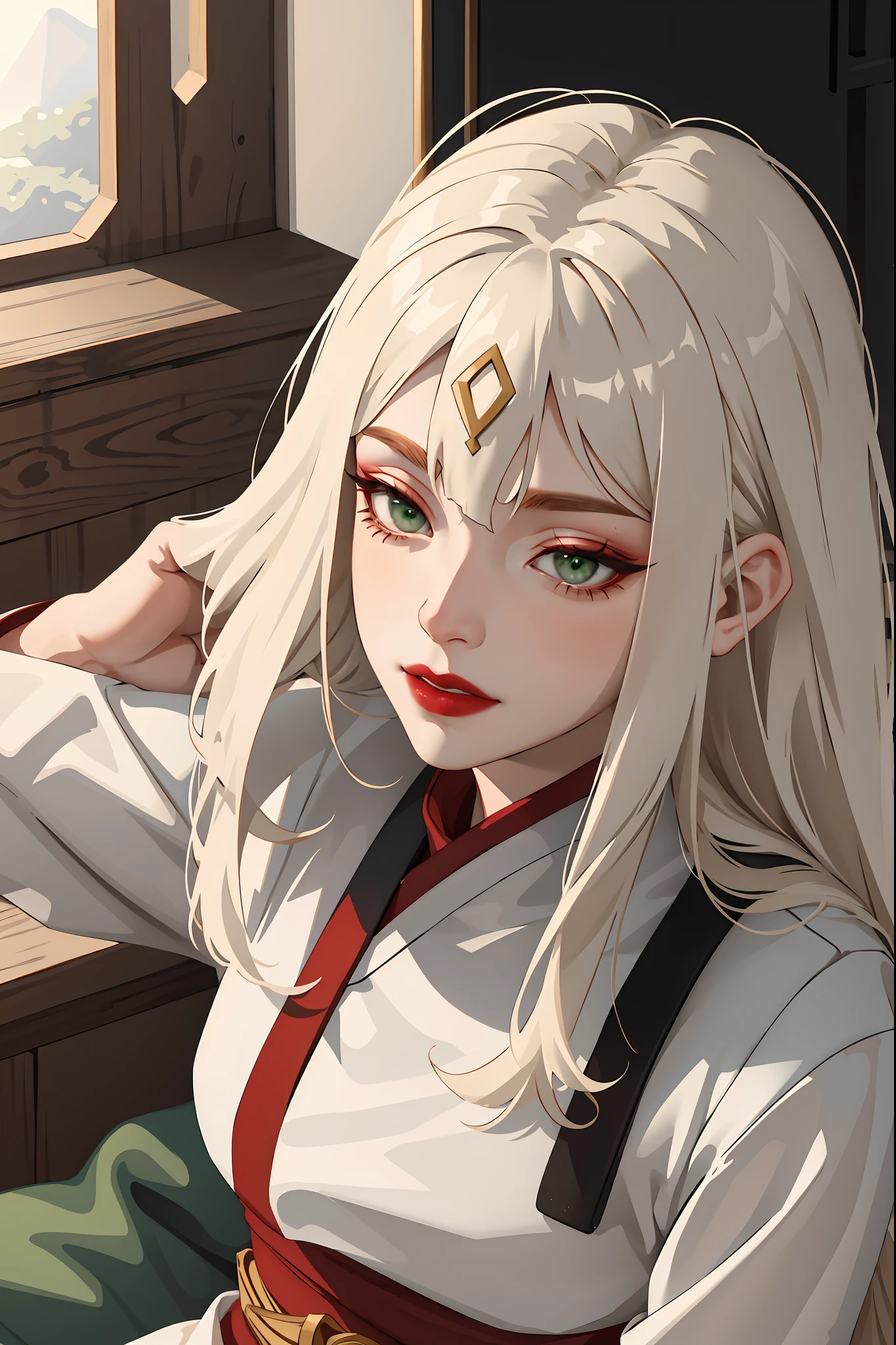 (masterpiece:1.2, best quality), (real picture, intricate details), 1lady, solo, upper body, casual, long hair, heavy makeup, white face, red lipstick, red eyeshadow, natural fabrics, close-up face, serious, warrior, female warrior, armour, really long light platinum blonde hair, platinum blonde voluminous hair, cute bangs, hair bangs, bangs between eyes, soft bangs on forehead, green eyes, mature face, 1female, 1woman, 1beautiful girl, Kyoshi uniform, Kyoshi makeup, Kyoshi Warrior (Avatar the Last Airbender)