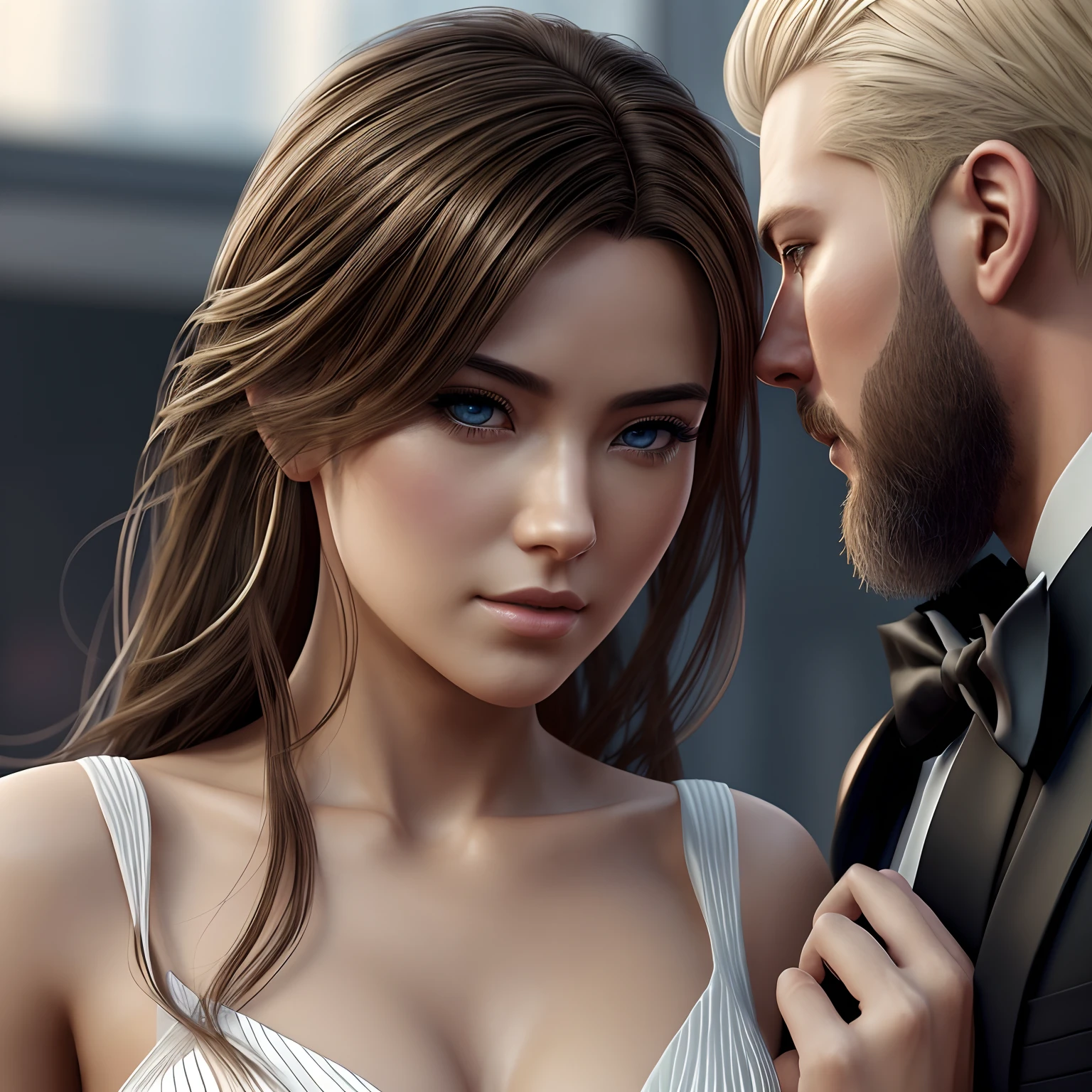 Beautiful couple dancing looking at each other, ((Realistic female with brown hair wearing a white wedding dress)), ((Realistic male with blonde hair style with a beard and blue eyes wearing a black tuxedo)), full body view, rear view, photorealistic, High resolution, ((perfect hand)), ((perfect face)), hair with many details, 8k artgerm bokeh, fanart best artstation, render photorealistic, guweiz-style art, inspired by WLOP, ig model | artgerm, detailed, stunning portrait of realistic face, beautiful, deviantart artstation cgscosiety