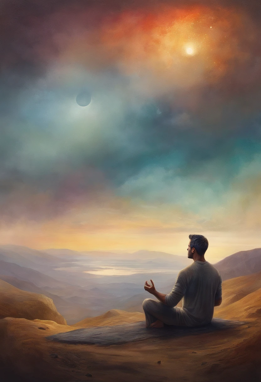homem E MULHER, sitting in a meditation position, yoga, diante de um orisonte lindo, com o sol se pondo, in connection with the divine, Directed by: Drew Tucker, Directed by: Adam Marczyński, Directed by: Alexandre Kucharsky, Directed by: Gavin Nolan, Surrealismo 8K, Directed by: Jason Felix, Yuri Shwedoff e Tom Bagshaw, arte ilustrativa, Estilo Erik Johansson