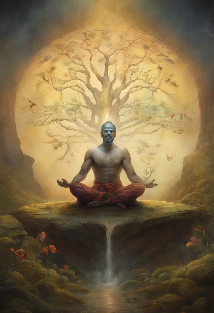 homem E MULHER, sitting in a meditation position, yoga, diante de um orisonte lindo, com o sol se pondo, in connection with the divine, Directed by: Drew Tucker, Directed by: Adam Marczyński, Directed by: Alexandre Kucharsky, Directed by: Gavin Nolan, Surrealismo 8K, Directed by: Jason Felix, Yuri Shwedoff e Tom Bagshaw, arte ilustrativa, Estilo Erik Johansson
