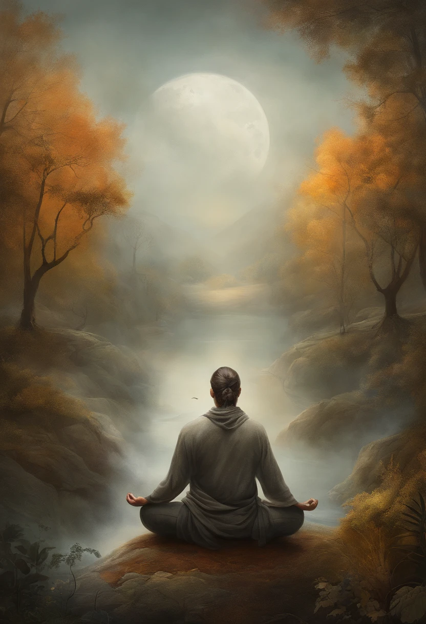 homem E MULHER, sitting in a meditation position, yoga, diante de um orisonte lindo, com o sol se pondo, in connection with the divine,  Directed by: Drew Tucker, Directed by: Adam Marczyński, Directed by: Alexandre Kucharsky, Directed by: Gavin Nolan, Surrealismo 8K, Directed by: Jason Felix, Yuri Shwedoff e Tom Bagshaw, arte ilustrativa, Estilo Erik Johansson