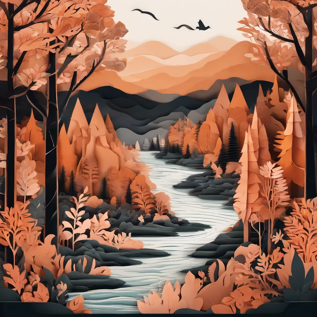 An intricate paper art style illustration of forest with a river running through it, with a dreamy orange and black pastel color palette.