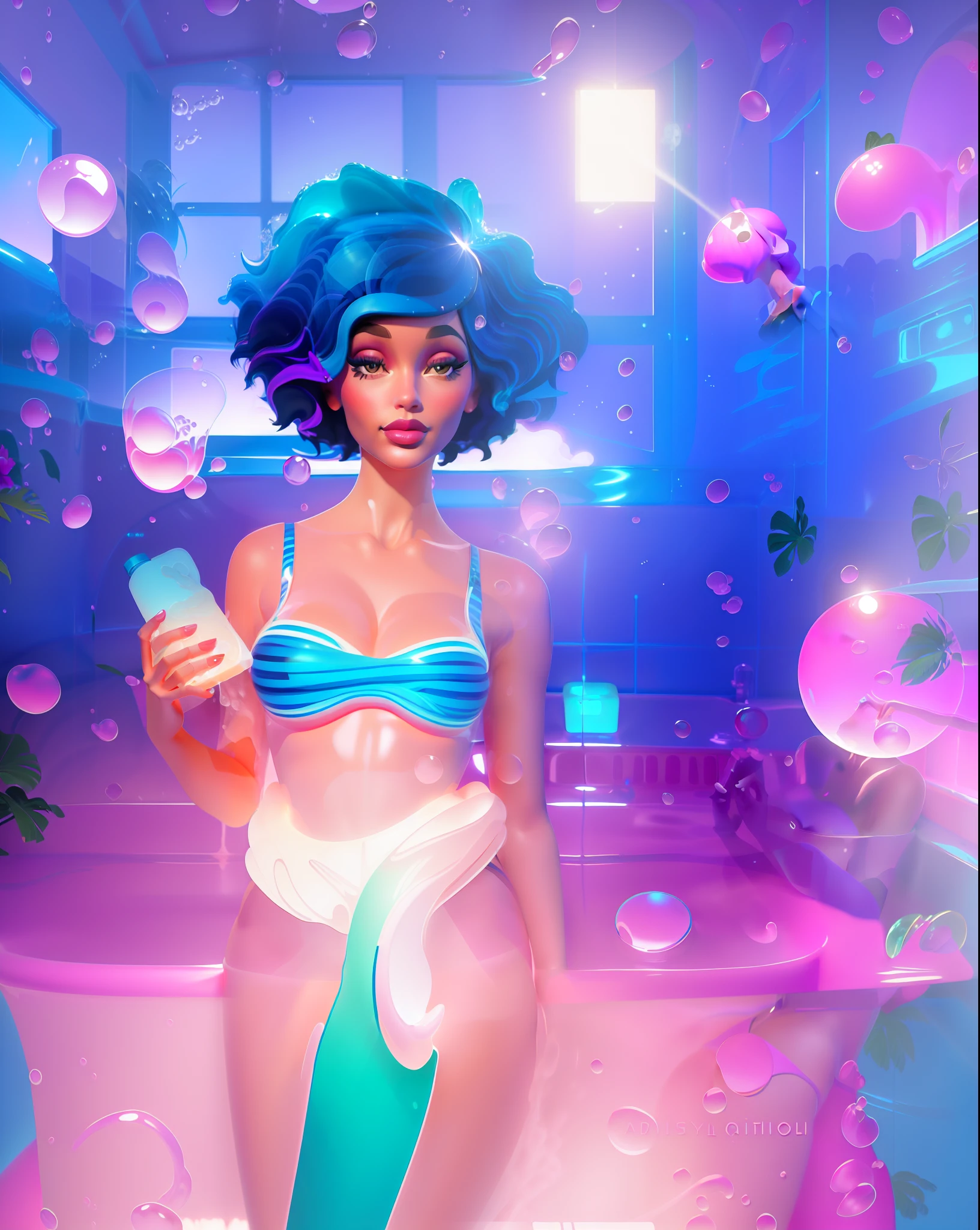 there is a woman in a bathing suit holding a bottle of soap, in style of digital illustration, stylized digital illustration, beautiful digital illustration, stunning digital illustration, digital illustration -, inspired by Archibald Motley, matte digital illustration, beautiful digital artwork, digital ilustration, concept art digital illustration, inspired by loish, official illustration, loish |, bubble bath