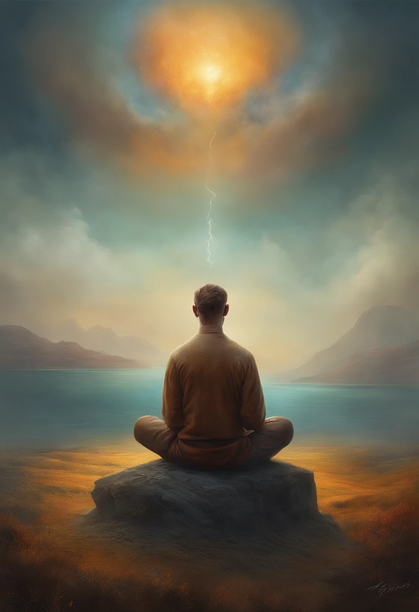 A painting of a man sitting on a rock in front of a lake - SeaArt AI