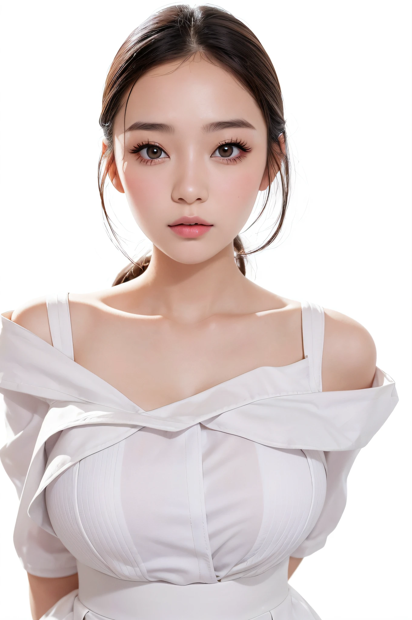 tmasterpiece, Best quality at best, white skirt,bautiful young woman, shinning eyes, ChineseGirl,(detailedpupils:1.2),Pure, eyeslashes, Beauty brunette big breasts, Black color hair, multicolour, Medium hair, s the perfect face, A detailed,youthfulness