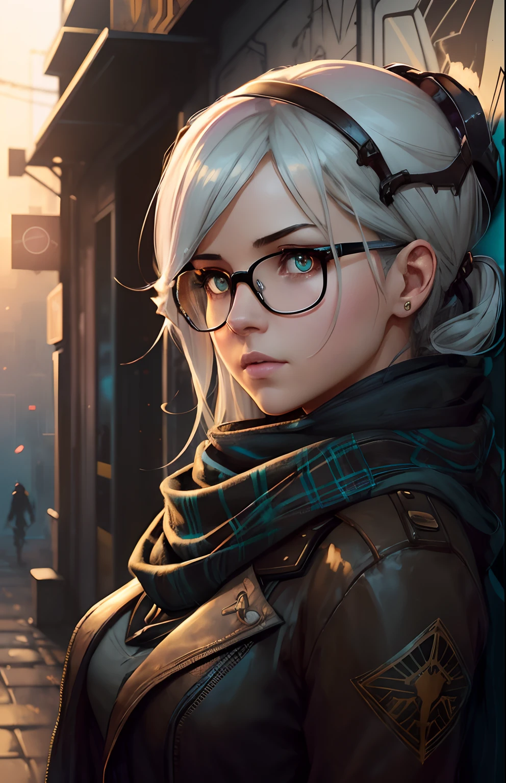 (dark shot:1.1), cute , portrait of halo, wear glasses, blue eyes, tartan scarf, white hair by atey ghailan, by greg rutkowski, by greg tocchini, by james gilleard, by joe fenton, by kaethe butcher, gradient yellow, black, brown and magenta color scheme, grunge aesthetic!!! graffiti tag wall background, art by greg rutkowski and artgerm, soft cinematic light, adobe lightroom, photolab, hdr, intricate, highly detailed, (depth of field:1.4), faded, (neutral colors:1.2), (hdr:1.4), (muted colors:1.2), hyperdetailed, (artstation:1.4), warm lights, dramatic light, (intricate details:1.1), complex background, (rutkowski:0.66), (teal and orange:0.4) --auto