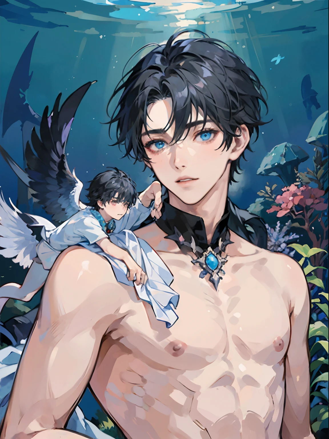 Under the sea、1boy,11 only、(Man's :2),(bobhair:1.5)、A dark-haired、swim wears、foam、AngelT、reefs、beautiful lighting、hightquality、masutepiece,8K,hight resolution、