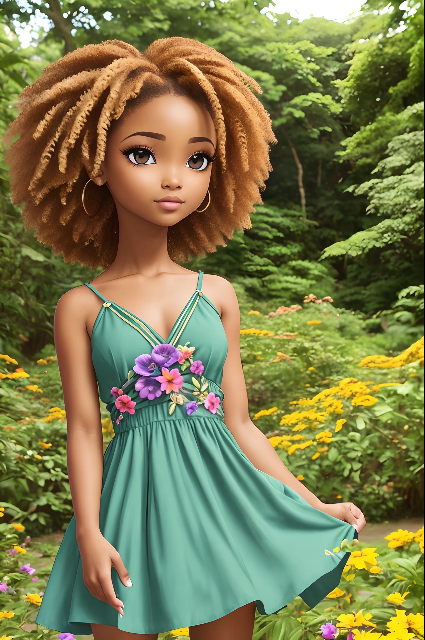chibi 1menina africana africana pele marrom escura:5, olhos verdes cintilantes:2, pose pra foto em um campo sentada nas  flores, estilo Rapunzel, Paris:5, parque, mega hair cabelos longos4, flores, imagem intrigante, cores vividas, vestido longo florido, sapatos brancos, imagem limpa, alta qualidade, nitidez, Sharp imagem, rosto de modelo, 8k, imagem profissional, iso100, lago, blue skies, moda atual, muito detalhado, altamente rosto 8k detalhado, formato de rosto perfeito, fleshy and perfect lips, nariz perfeito, olhos lindos e corretos, observador, vestido de noiva: 3,45, flores de cabelo, obra-prima, melhor qualidade, solteiro, jeans, sozinho, Advanced Digital Chibi