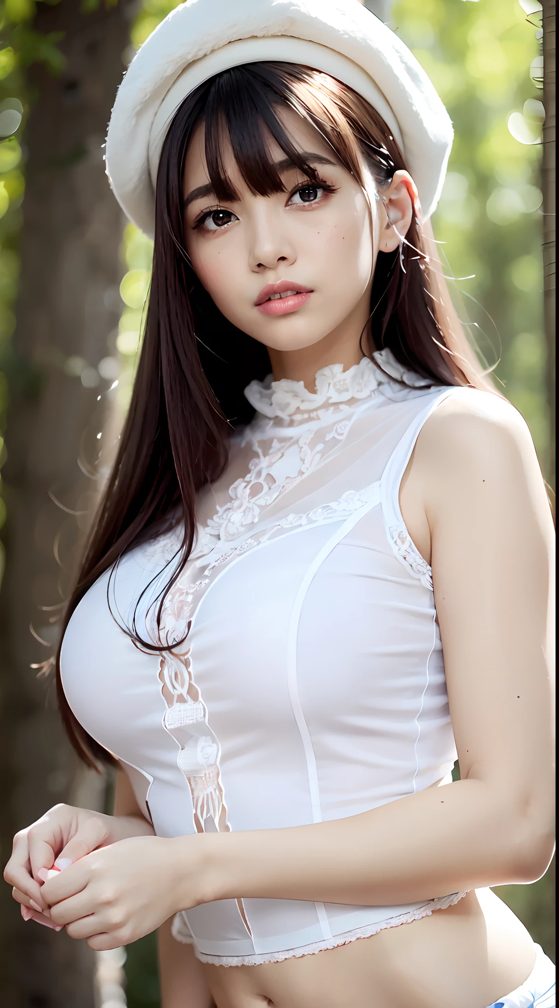 1womanl, up of face, mideum breasts, light brown hair, Blunt bangs, hair behind ear, hair over shoulder, Long hair, slender body shape, Ultra Fine Face, Thin face, Delicate lips, Beautiful eyes, thin blush, eyes are light brown, perfect glossy skin, flawless skin, Glistening sweat,View here, Ultra-thin hands, Ultra-fine fingers, best ratio four finger and one thumb, (realisitic:1.3), Finger Extensions, See-through white blouse. White beret,, Broad-leaved forest, One-person viewpoint, Fuji Film, F/1.2, 8K, masutepiece, nffsw, Super Detail, High quality, Best Quality, hight resolution,