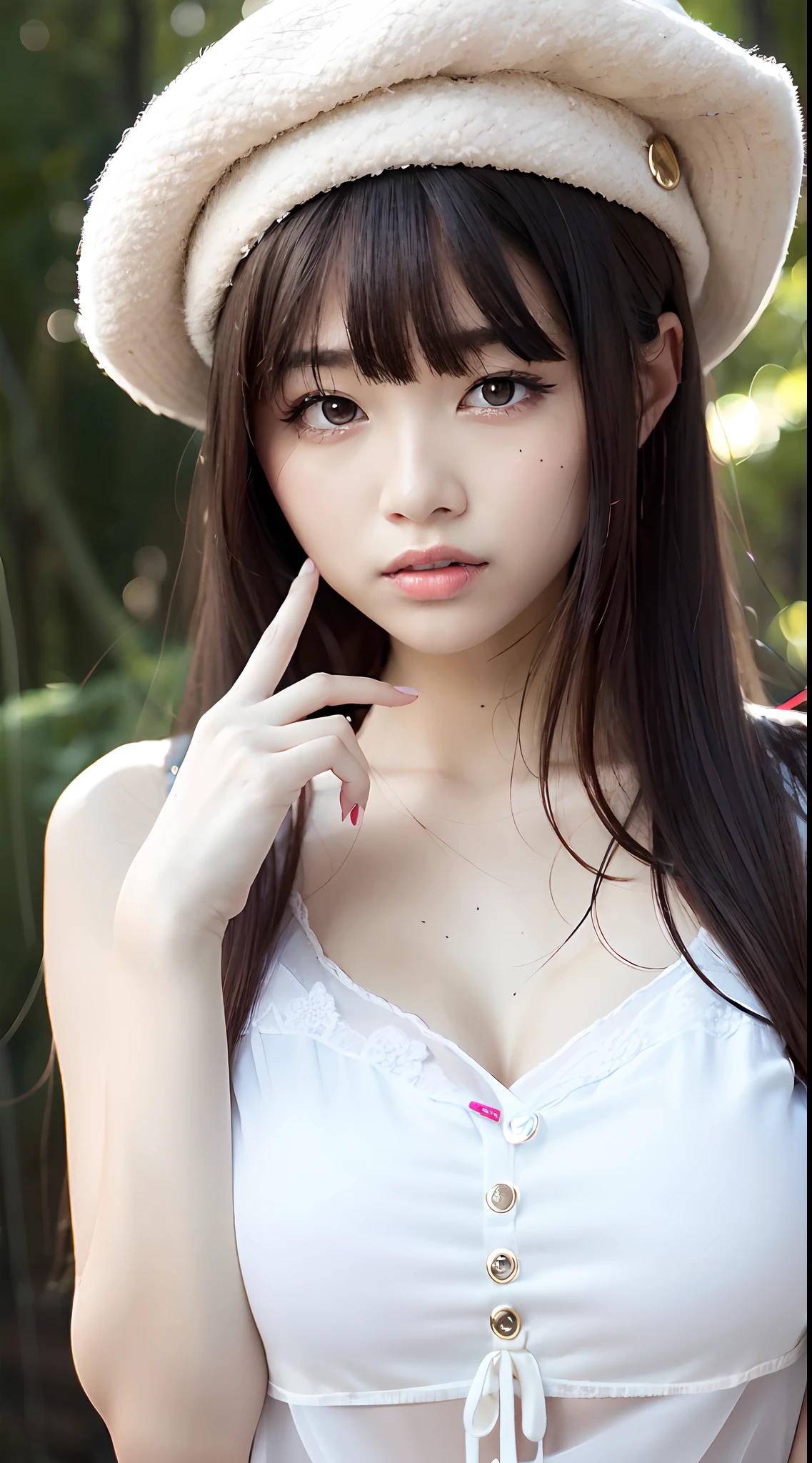 1womanl, up of face, mideum breasts, light brown hair, Blunt bangs, hair behind ear, hair over shoulder, Long hair, slender body shape, Ultra Fine Face, Thin face, Delicate lips, Beautiful eyes, thin blush, eyes are light brown, perfect glossy skin, flawless skin, Glistening sweat,View here, Ultra-thin hands, Ultra-fine fingers, best ratio four finger and one thumb, (realisitic:1.3), Finger Extensions, See-through white blouse. White beret,, Broad-leaved forest, One-person viewpoint, Fuji Film, F/1.2, 8K, masutepiece, nffsw, Super Detail, High quality, Best Quality, hight resolution,