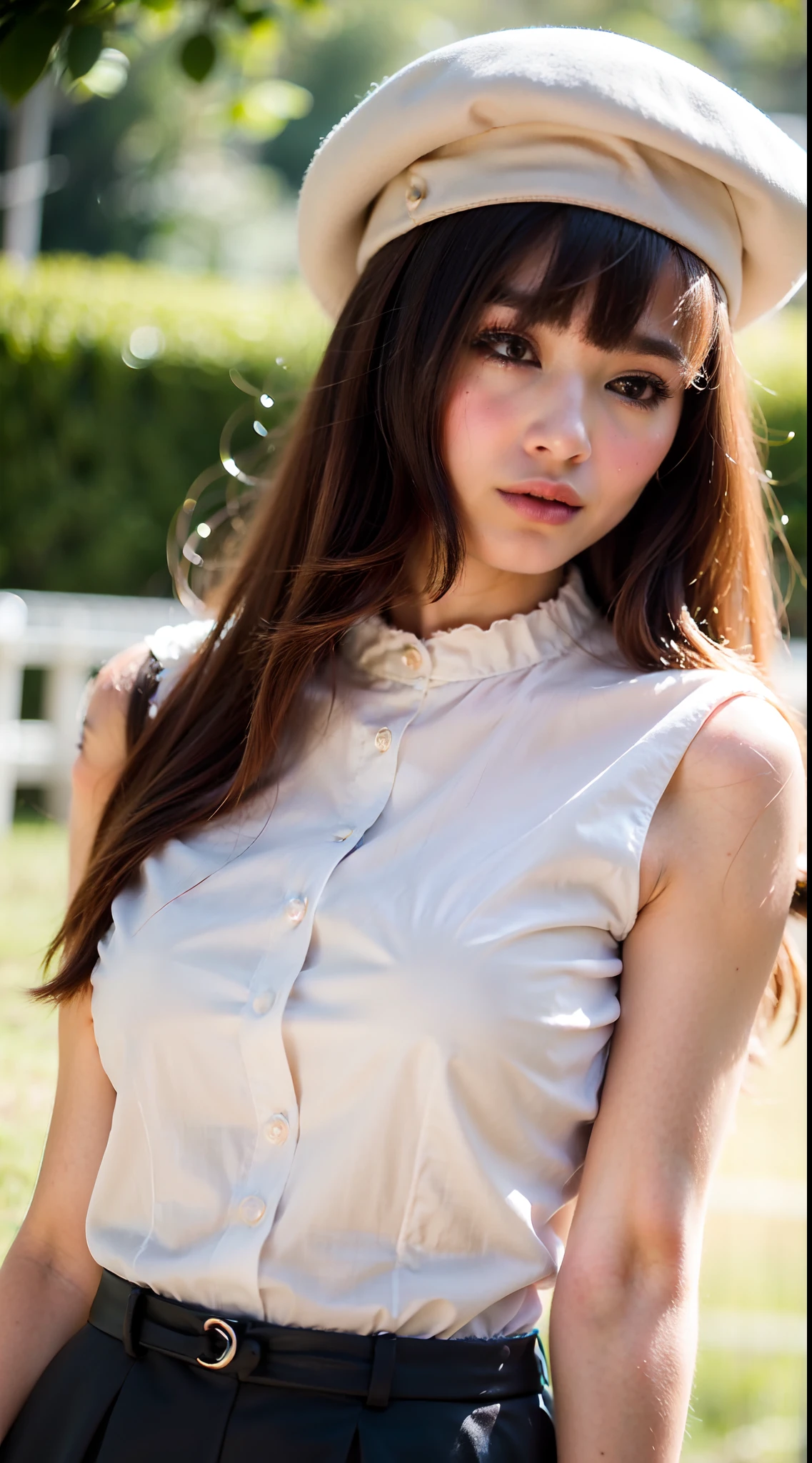 1womanl, up of face, mideum breasts, light brown hair, Blunt bangs, hair behind ear, hair over shoulder, Long hair, slender body shape, Ultra Fine Face, Thin face, Delicate lips, Beautiful eyes, thin blush, eyes are light brown, perfect glossy skin, flawless skin, Glistening sweat,View here, Ultra-thin hands, Ultra-fine fingers, best ratio four finger and one thumb, (realisitic:1.3), Finger Extensions, See-through white blouse. White beret,, Broad-leaved forest, One-person viewpoint, Fuji Film, F/1.2, 8K, masutepiece, nffsw, Super Detail, High quality, Best Quality, hight resolution,