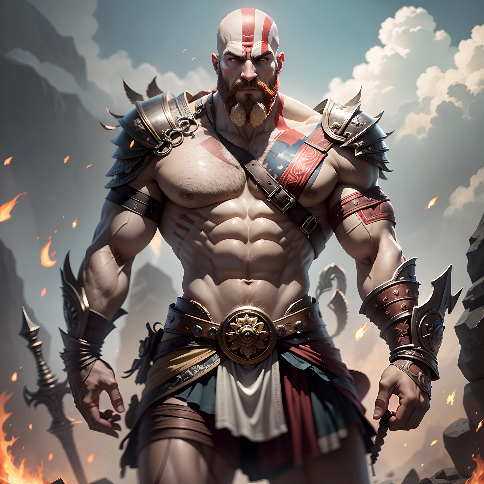 Render a full-body depiction of Kratos, the iconic God of War, engaged in an epic battle on the divine Mount Olympus. Craft this scene with a dedication to realism, leveraging the unparalleled clarity of ultra-high-definition (UHD) to make every detail stand out. Capture the grandeur of the fight while staying true to Kratos' character and his magnificent surroundings. --auto --s2