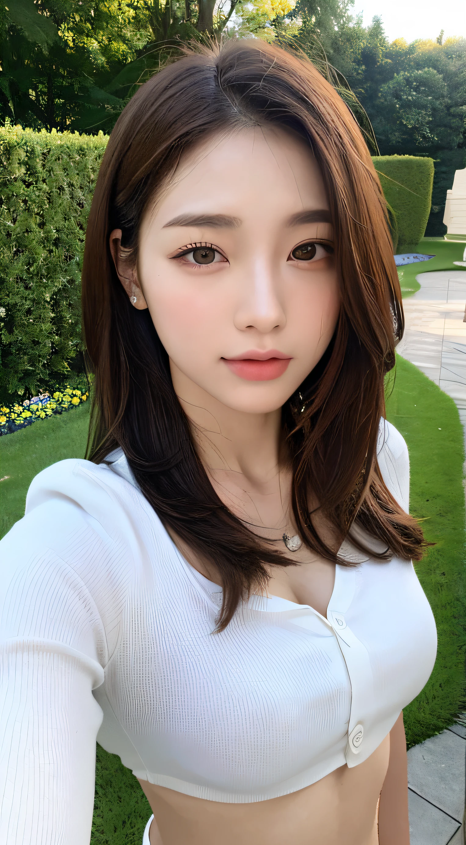 ((top-quality、8K、masterpiece:1.3))、Detail Women:1.3、(Medium Hair、Colossal tits:1.6)、Camisole with a small area、Clothes that emphasize the chest very much、Clothes with open cleavage、Clothes that expose a lot of skin、lightly dressed、ultra -detail、the detail、eyelid、summer vacation、cafes