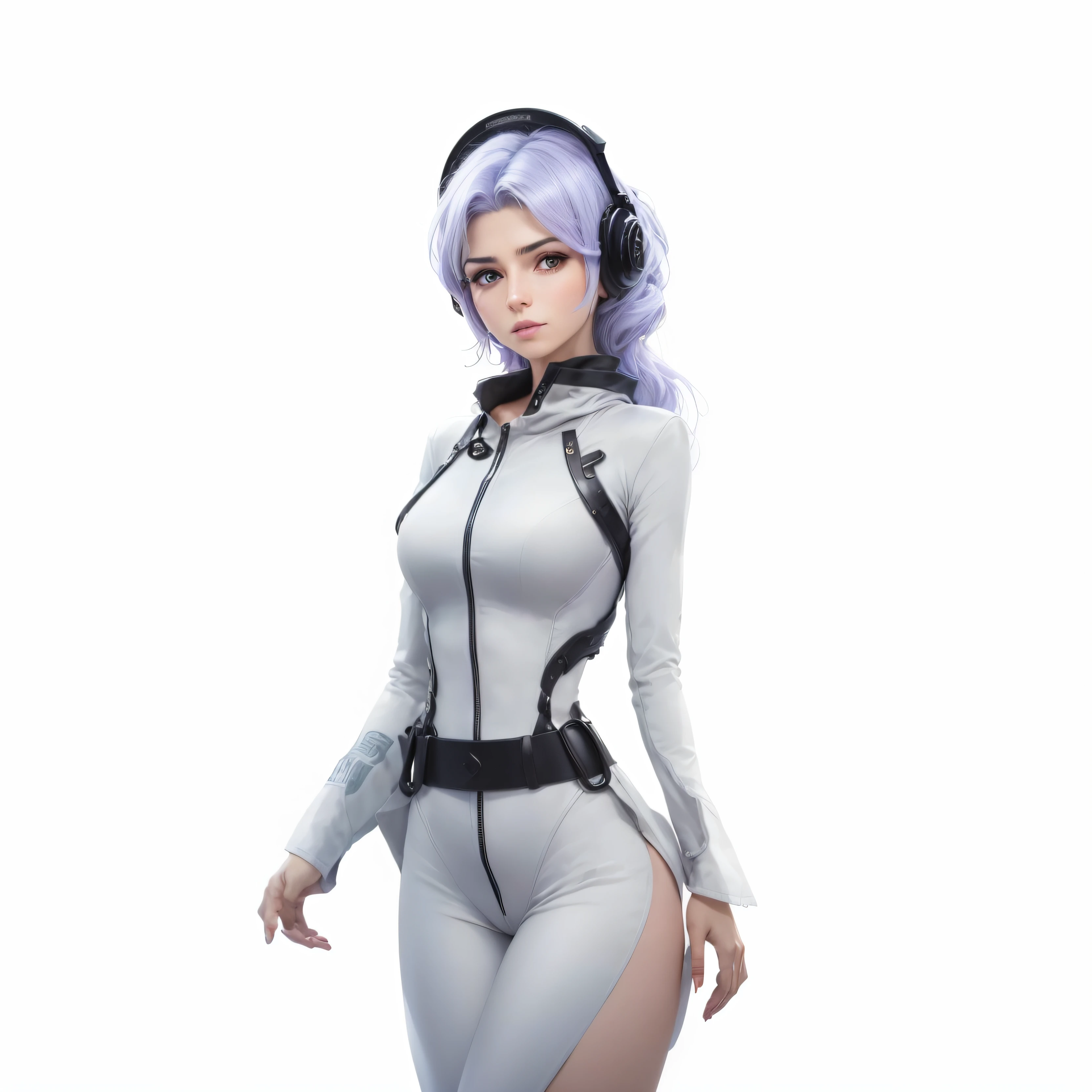 (((Best Quality))), (((Masterpiece))), (((Realistic))) slender, cute girl with short white hair and vibrant purple eyes. She wears only a tight black panties and sport bra with high-tech boots