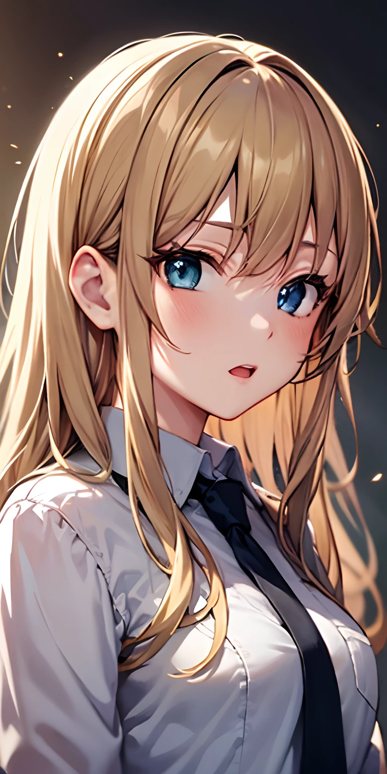 a girl with long blonde hair wearing a tie, Mahiru shiina, cg society, remodernism, anime, ultra detailed, best quality, expressive eyes, perfect face