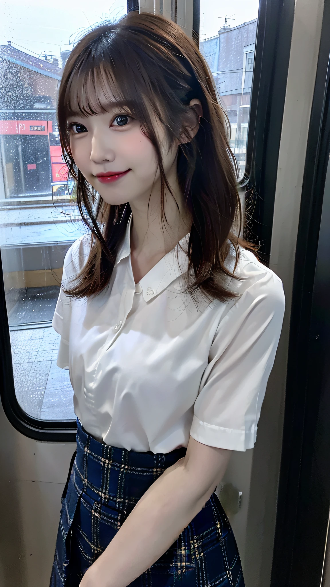 masutepiece, Best Quality, Ultra-detailed, finely detail, hight resolution, 8K, Perfect dynamic composition,On the train、sitting on、(((pantyshot)))、(((Spreading legs)))、White uniform、Red Super Mini Skirt、white stockings、Japan 18-year-old woman、 Beautiful detailed eyes,  Medium short hair, Natural Color Lip,F Cup Breasts、cute smile face、bangss