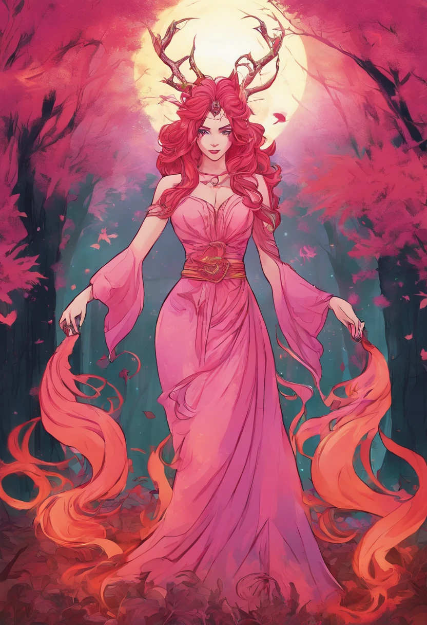 (a pink-haired demon woman,spells:1.1,glowing:1.1)(illustration)(best quality,ultra-detailed,realistic:1.37),demonic witch(demonic:1.1)(magic:1.1)(forest)(dark and mysterious,ominous atmosphere),casting powerful spells,creating magical energy(magic:1.1),vibrant pink hair(swirling pink hair)(flowing pink hair),horns(devil horns:1.1),piercing red eyes,enchanted scepter(magical scepter),elaborate dark robe,glowing magical sigils,fiery embers swirling(magical embers:1.1)(glowing embers),magical aura(glowing aura),eerie shadows,otherworldly presence(presence),sinister smile,nightfall in the background(dark night:1.1)(moonlit forest),lush and dense foliage(twisted trees)(mystical plants:1.1),mystical particles(swirling particles)(floating particles),ethereal glow(ethereal:1.1)(soft glow),faint moonlight breaking through the trees,haunting and captivating(scary atmosphere),bewitching beauty,wide range of colors(vivid colors)(contrasting colors),mystical realm,impressive details,dynamic composition,mesmerizing artwork,photorealistic style(picasso style),impressive shading and lighting,explosive energy,magical atmosphere(fantasy atmosphere),dreamlike scene