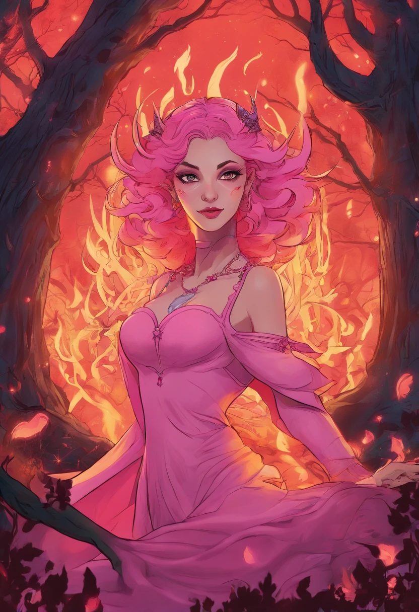 (a pink-haired demon woman,spells:1.1,glowing:1.1)(illustration)(best quality,ultra-detailed,realistic:1.37),demonic witch(demonic:1.1)(magic:1.1)(forest)(dark and mysterious,ominous atmosphere),casting powerful spells,creating magical energy(magic:1.1),vibrant pink hair(swirling pink hair)(flowing pink hair),horns(devil horns:1.1),piercing red eyes,enchanted scepter(magical scepter),elaborate dark robe,glowing magical sigils,fiery embers swirling(magical embers:1.1)(glowing embers),magical aura(glowing aura),eerie shadows,otherworldly presence(presence),sinister smile,nightfall in the background(dark night:1.1)(moonlit forest),lush and dense foliage(twisted trees)(mystical plants:1.1),mystical particles(swirling particles)(floating particles),ethereal glow(ethereal:1.1)(soft glow),faint moonlight breaking through the trees,haunting and captivating(scary atmosphere),bewitching beauty,wide range of colors(vivid colors)(contrasting colors),mystical realm,impressive details,dynamic composition,mesmerizing artwork,photorealistic style(picasso style),impressive shading and lighting,explosive energy,magical atmosphere(fantasy atmosphere),dreamlike scene