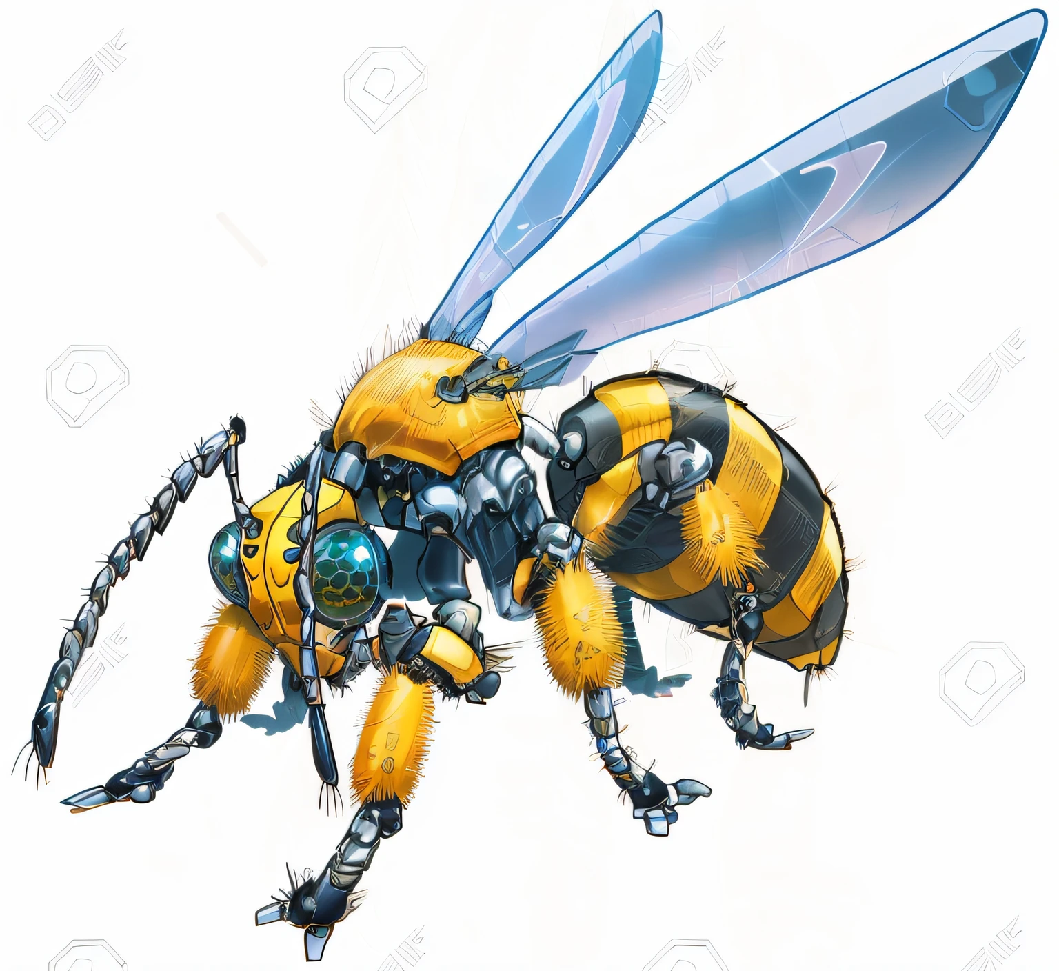 a cartoon wasp insect mix to a human anime with a yellow and black body and black legs, biopunk cyborg wasp, cyborg wasp, cyberpunk bee, full of insect robots, human structure bee concept art, wasp, intricate wasp, stock illustration, steampunk insect, cyberpunk cyborg wasp, friendly humanoid insect robot, big bee, insect, hd illustration, photo of a crazy wasp, (bee)