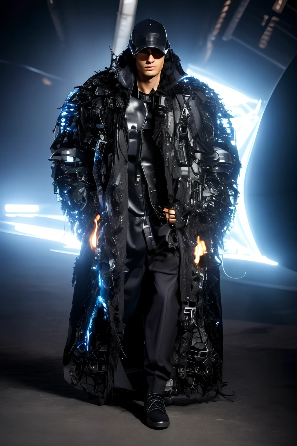 Roupa cyber, estilo modelo, cyborg, roupa metalica