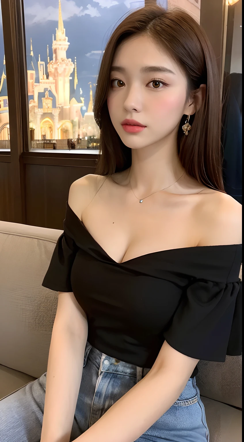 ((Night Scene, Realistic Light, Best Quality, 8K, Masterpiece: 1.3)), 1 Girl, Slim Body Beauty: 1.4, (Brown Hair, Middle Breast: 1.3), Off-Shoulder Cut Top: 1.3, Sofa, Ultra Detailed Face, Detailed Eyes, Double Eyelids, Disneyland, Cleavage