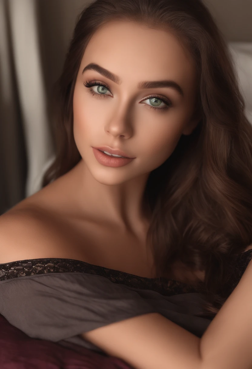 arafed woman, sexy girl with green eyes, portrait sophie mudd, brown hair and large eyes, bedroom eyes, violet myers, without makeup, natural makeup, looking directly at the camera, face with artgram, subtle makeup, stunning full body shot, piercing green eyes, beautiful angle, cute girl, full body picture, full body, full body shoot, brunette goddess, high detail, sexy pose, new york background