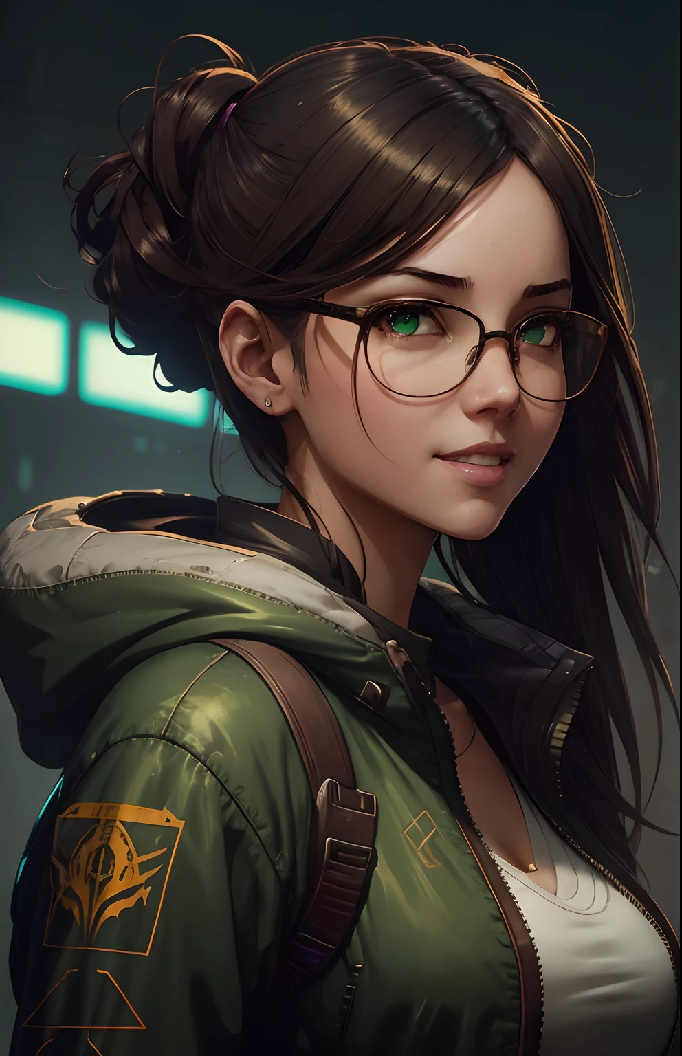 In morning time, cute girl with sexy smile, , portrait of halo, wear glasses, green eyes, red jacket, natural hair by atey ghailan, by greg rutkowski, by greg tocchini, by james gilleard, by joe fenton, by kaethe butcher, gradient yellow, black, brown and magenta color scheme, grunge aesthetic!!! graffiti tag wall background, art by greg rutkowski and artgerm, soft light, adobe lightroom, photolab, hdr, intricate, highly detailed, (depth of field:1.4), faded, (neutral colors:1.2), (hdr:1.4), (muted colors:1.2), hyperdetailed, (artstation:1.4), cool lights, dramatic light, (intricate details:1.1), complex background, (rutkowski:0.66), (teal and orange:0.4) --auto