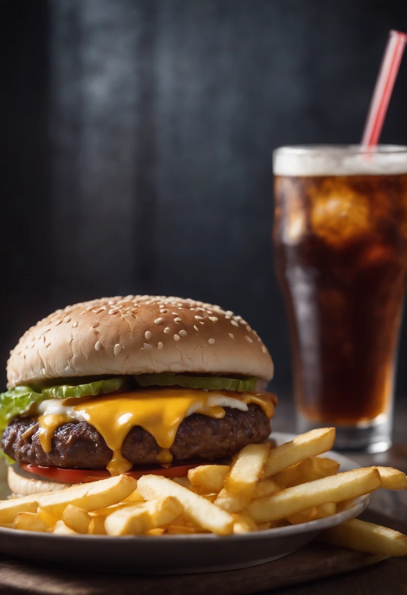 hamburger with cheese and fries, accompanied by a Coca Cola in a glass and with ice