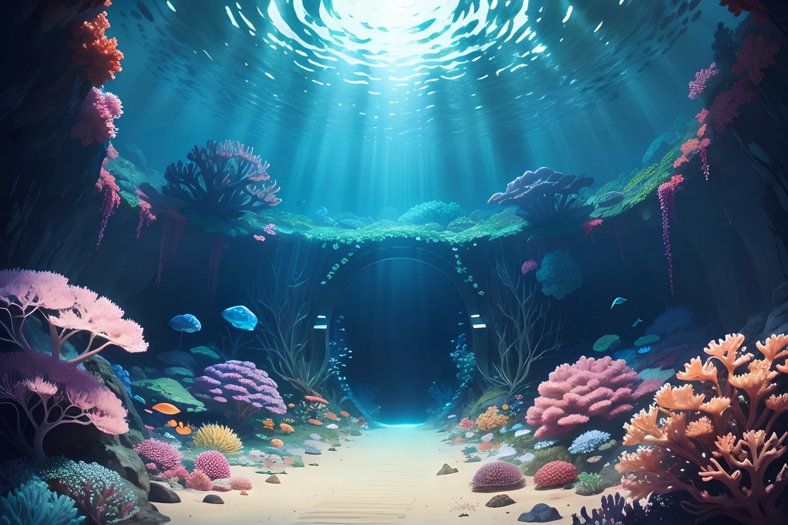 Clear glass undersea tunnel,Outside the tunnel, where no sunlight penetrates, there are giant corals and giant underwater plants