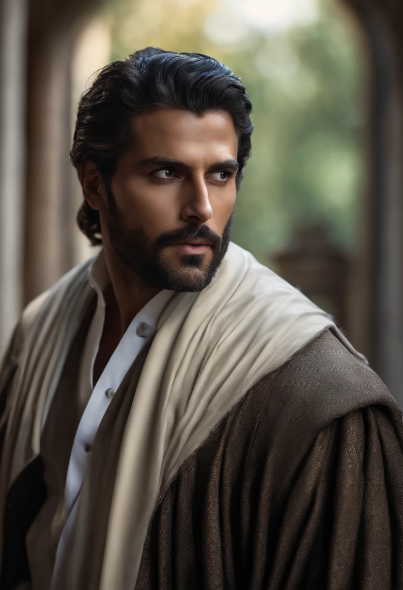 ((best quality)), ((master part)), ((Realistic)), menino, cabelos brancos, roupa preta, venda escura tampando seus olhos, image of the character's front view just moving his face