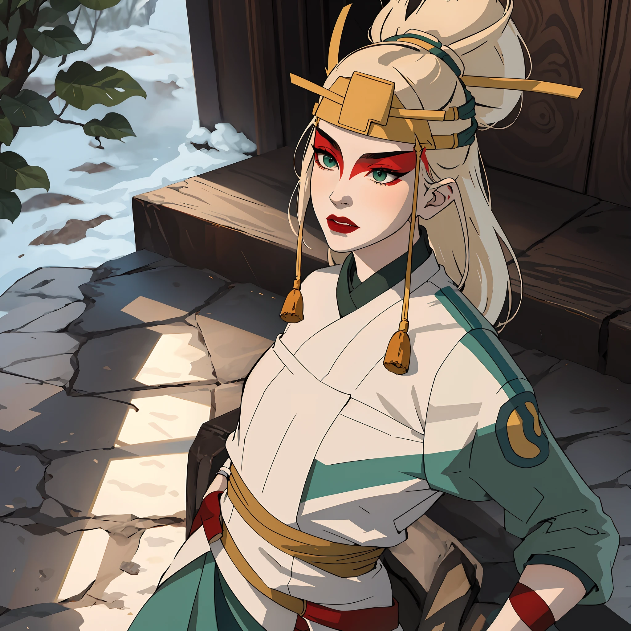 (masterpiece:1.2, best quality), (real picture, intricate details), 1lady, solo, whole body, heavy makeup, white face, red lipstick, red eyeshadow, natural fabrics, close-up body, full body, serious, warrior, female warrior, armour, long platinum blonde hair, green eyes, Kyoshi uniform, Kyoshi makeup, Kyoshi Warrior (Avatar the Last Airbender), (solo), (1girl), (close-up body), (solo, 1girl), (long platinum blonde hair), (green eyes), (solo), (1girl)