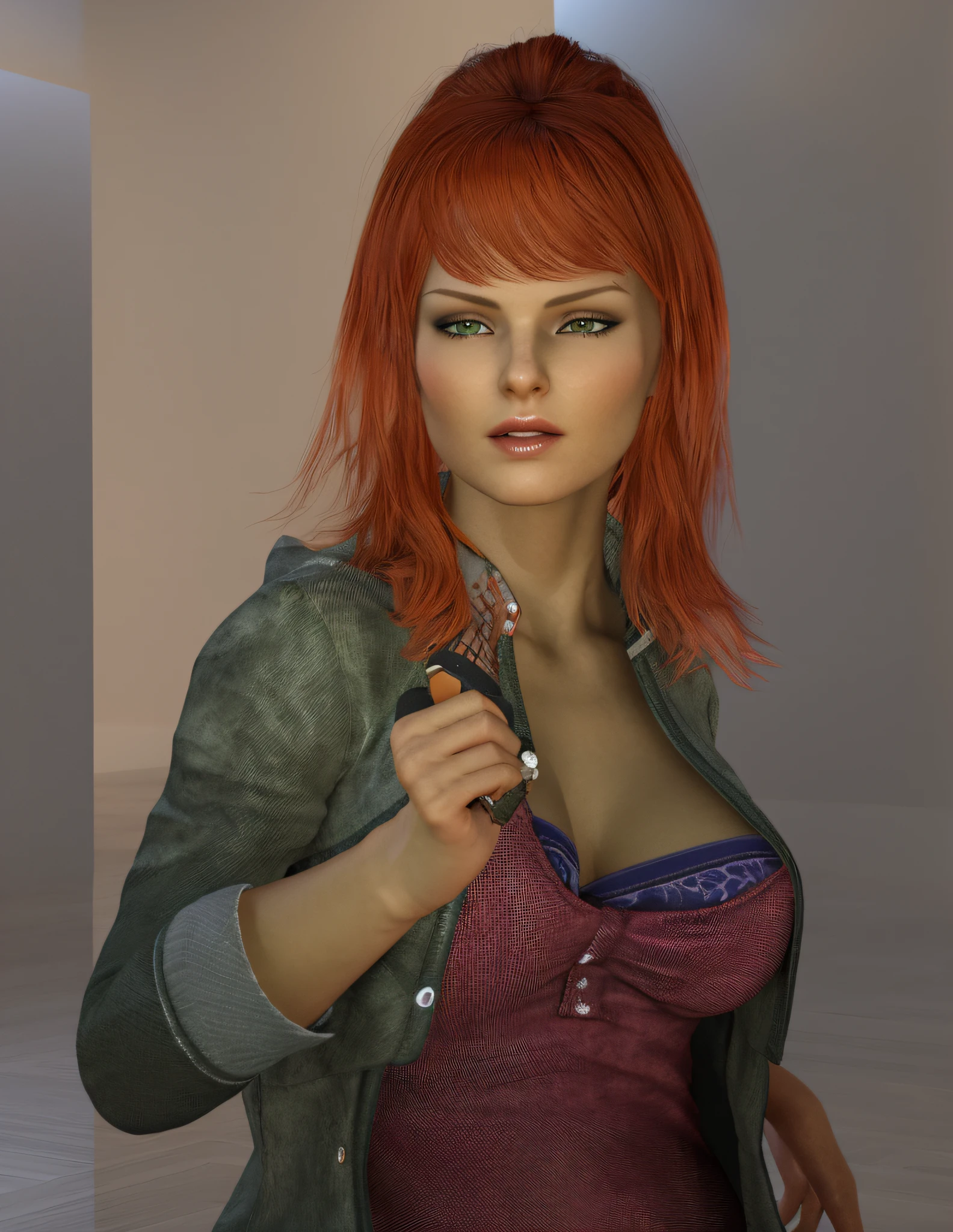 arafed woman with red hair and a green jacket holding a knife, daz3d, daz 3d, daz 3 d, daz3d genesis iray shaders, daz studio genesis iray female, sultry expression, semi - realistic render, daz studio genesis iray, daz studio genesis iray ultra hd, cinematic bust shot