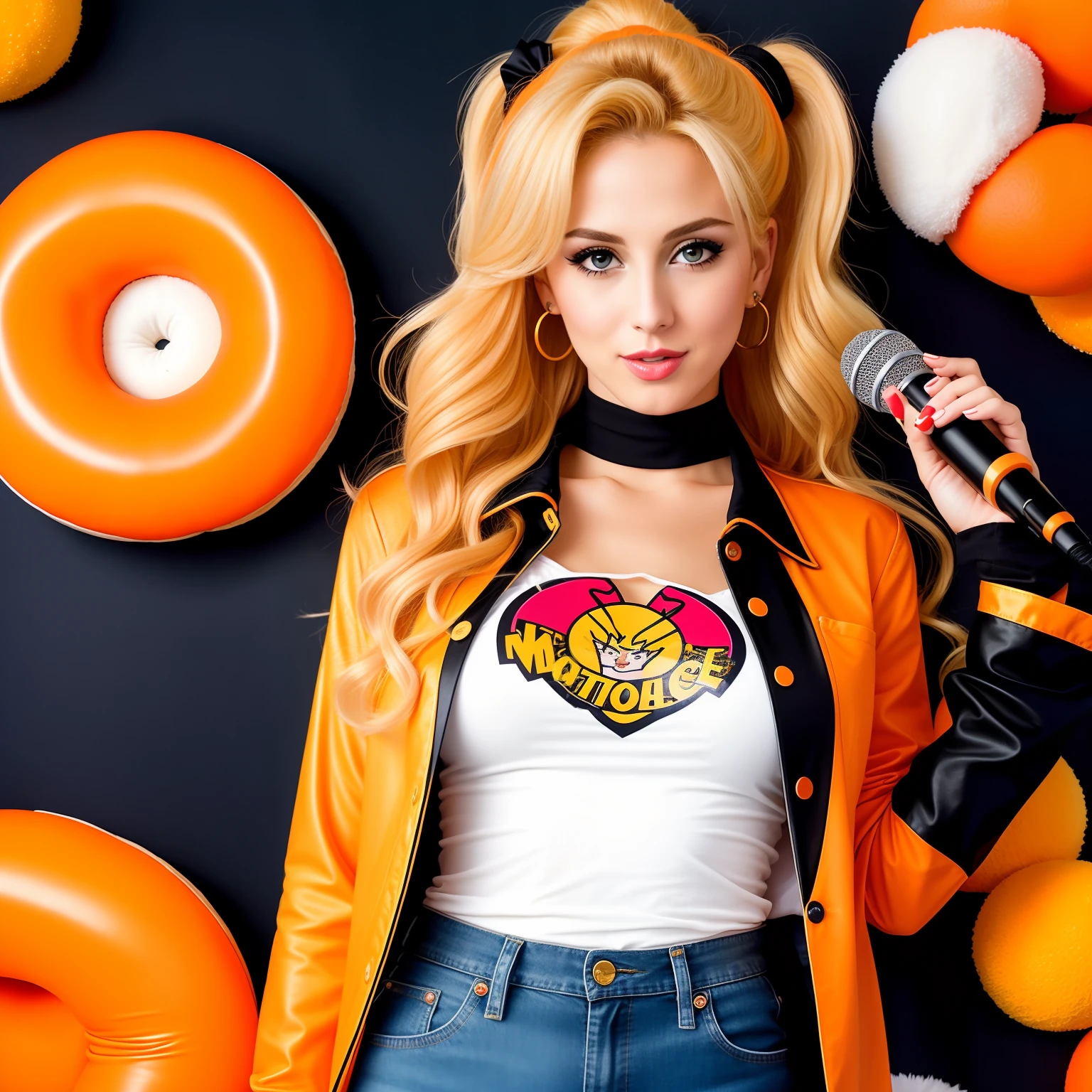 "(Mature and realistic portrayal:1.2) Sailor Moon exuding confidence as she holds a microphone, her blonde hair (with orange & black highlights all over) cascading down, adorned in stylish black & orange denim clothes from the 2000s, with a backdrop filled with donuts."