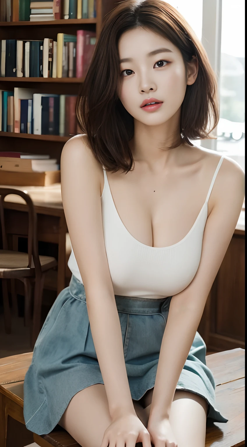 Library, Korean beauties, Korean mixed, realistic, (((best quality))), 8k, ((masterpiece)), (extremely delicate and beautiful), very detailed, ((very detailed face)), (very detailed eyes)), best quality, 1 girl, solo, (single bare-shouldered shirt short: 1.1), shiny skin, shiny hair, heart-shaped pupils, (big breasts: 1.4), short skirt, (sit up straight), (read),