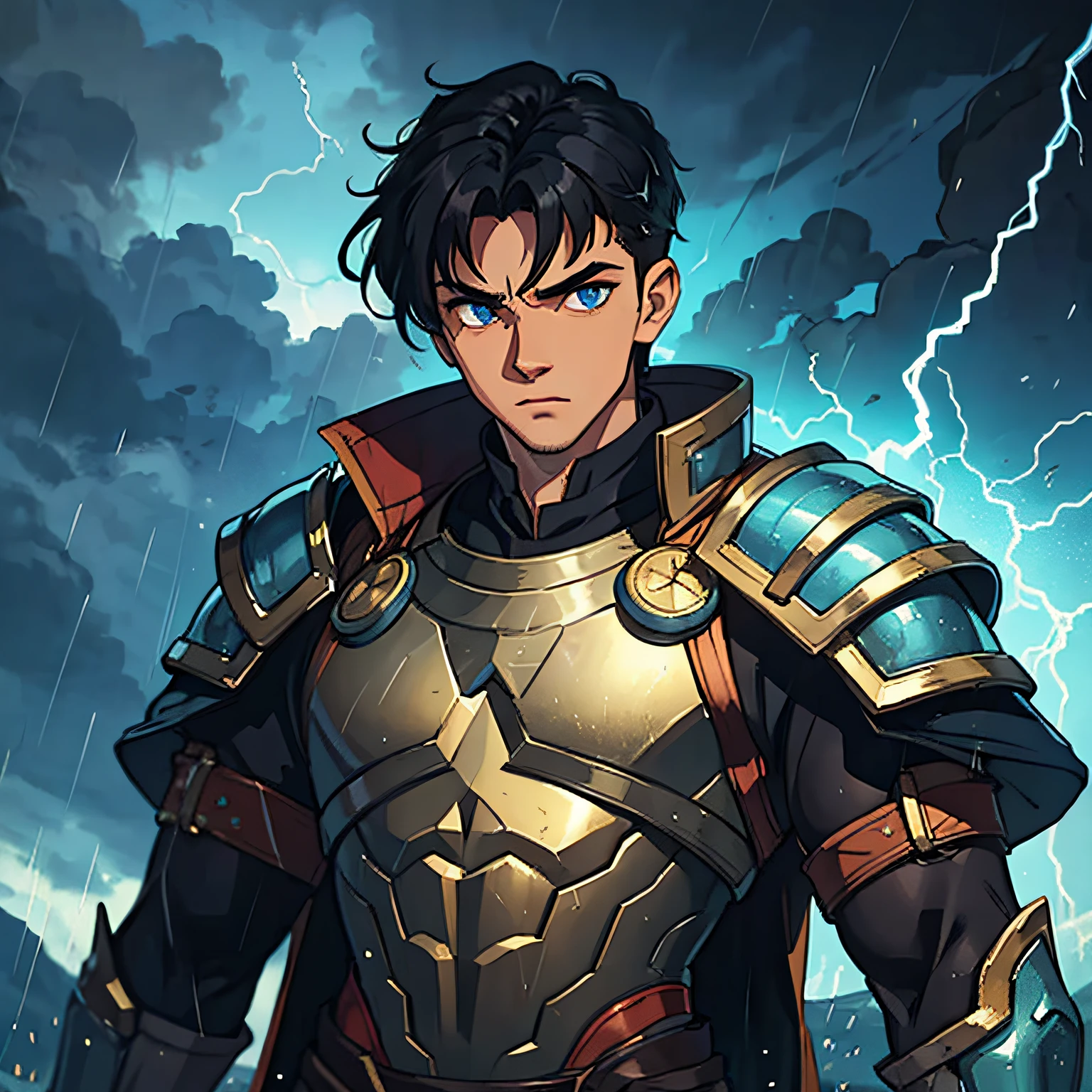 A handsome young man with blue eyes and medium-sized black hair, olhar arrogante, emo, como um corte de cabelo Undercut, corte de cabelo curto, mas com a lateral do cabelo raspada, com um porte fisico muito forte e musculoso, This young man is a warrior, He wears a light suit and is in the middle of a storm, no topo de uma montanha, Like a Prince of Thunder, the sky lit by lightning in the storm, electricity by his thunder magic body he is like a thunder god: Como Thor, He is a warrior prince, magical dark sky, nuvens negras no meio de uma tempestade, water, Rain and Thunder An Art for an RPG A Medieval Art for an RPG