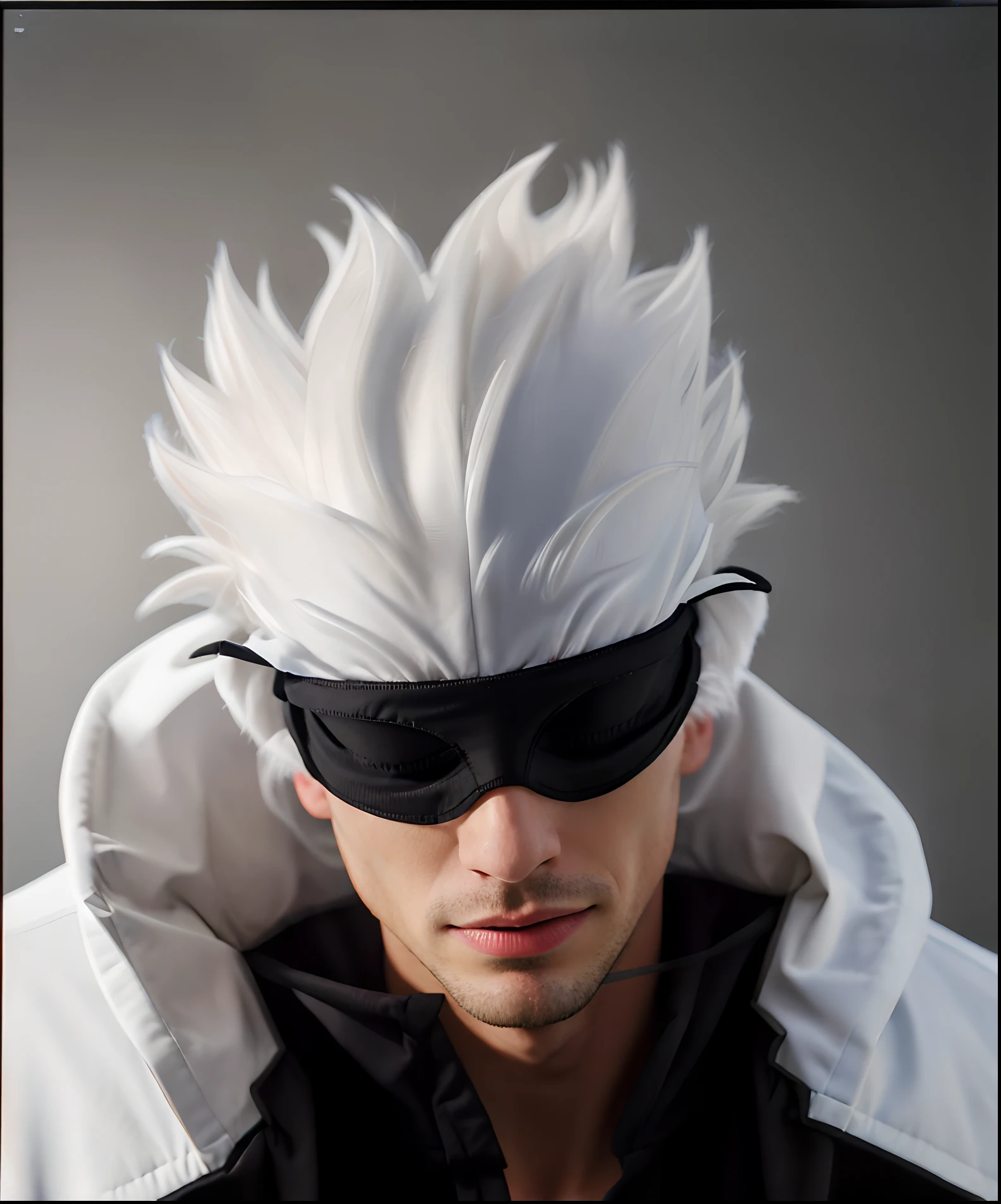 (absurdres, highres, ultra detailed, HDR), masterpiece, best quality, 1man, solo, handsome, short hair, white hair, black blindfold, black jacket, gojo,