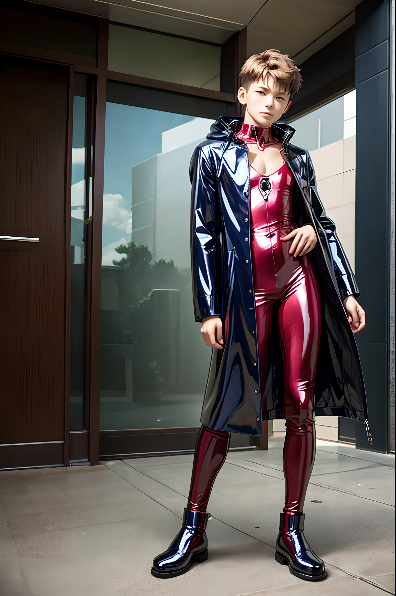 Shin Evangelion，shinji 、Blue latex coat，latex shiny，Full body photo