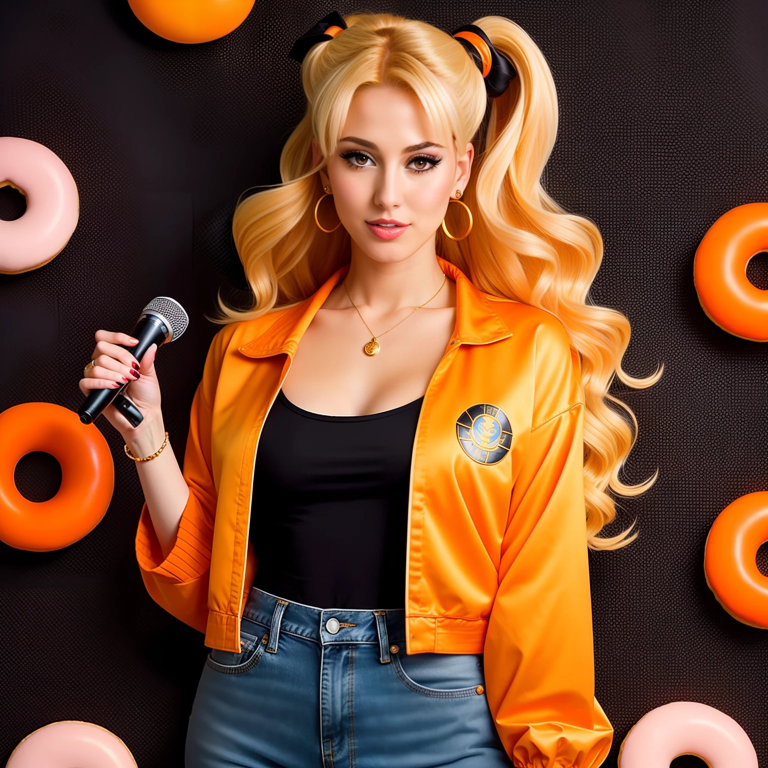 "(Mature and realistic portrayal:1.2) Sailor Moon exuding confidence as she holds a microphone, her blonde hair (with orange & black highlights all over) cascading down, adorned in stylish black & orange denim clothes from the 2000s, with a backdrop filled with donuts."