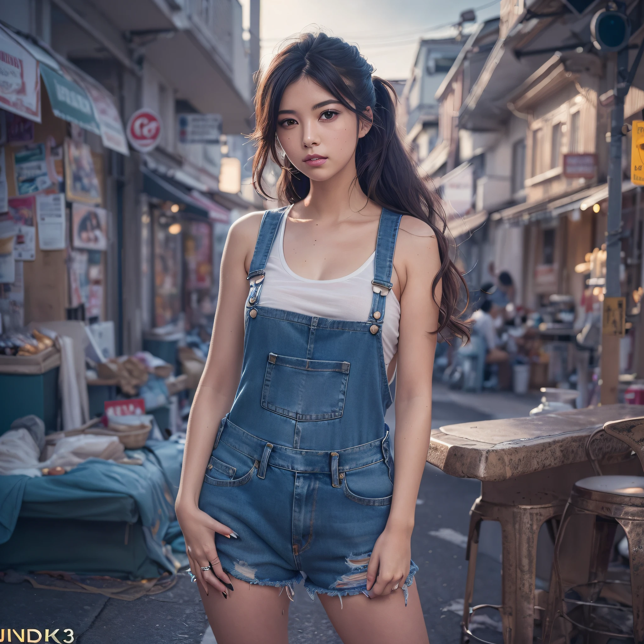 Photo of pho3b3cat3s, Beautiful woman, ((24 years old)), Street, tshirts, Denim overalls, 1980s, Retro, Long wavy black hair ponytail, (masutepiece), (the Extremely Detailed CG Unity 8K Wallpapers), Convoluted, ((Photorealistic)),