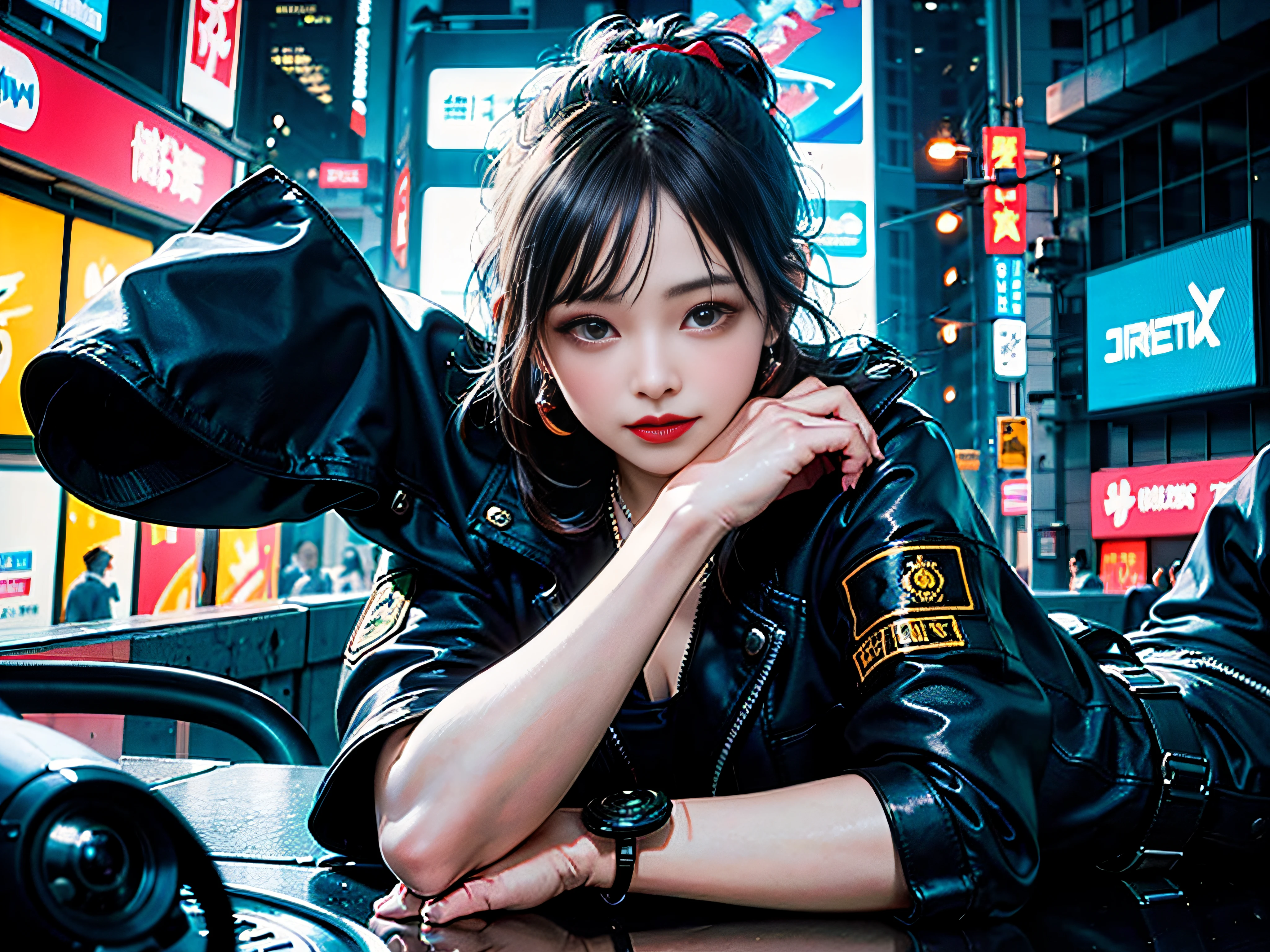 1 girl, Best quality, A high resolution, Textured skin, 8K, Anatomically correct, Masterpiece:1.2, photo-realistic:1.2, acrobatic pose, Super realistic details, Realistic proportions, Extremely detailed face, face round, solid circle eyes, Chubby girl, Curvy:1.2, view the viewer, (((Cyberpunk female special forces soldier, Highly intricate details Cyberpunk special forces costumes:1.5, Reloaded Girl:1.5, Cyberpunk battle armor with various decorations:1.5, Special Forces badge:1.5, She has a mechanical laser gan:1.2, Modern equipment, tactical vest ,Military seat belts, Magazine belt, mechanicalparts, Telecommunications equipment, Survival knife, Spread your legs while lying down))) confident smile, Various fashionable ponytails, Huge breasts, glistning skin, Cyberpunk Tokyo, 2080s, Night scene, Beautiful neon lights, no people in background, Scene from Movie, Cinematic lighting, cinematic shadow, Vibrant colors, Feminine but authoritative, Pay attention to facial features and makeup, Depth of field, futurism,mix4