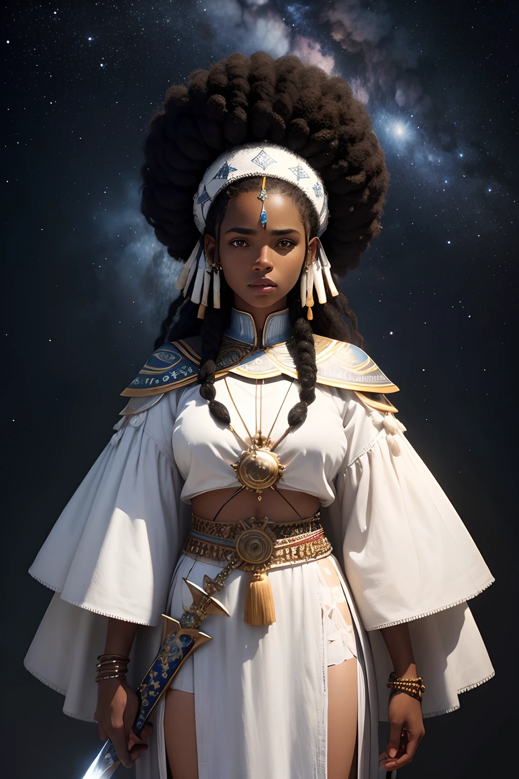 Paisagem celestial, with the constellation of the Southern Cross at the top of the image, na parte inferior da imagem o mar, in the center of the image the figure of the orixá Iemanjá, Woman with black skin redyed and with traditional white and blue clothes of the cult of Candomblé, imagem afro futurista. in his left hand a sword, conchas e buzios adornam seu vestido. Imagem realista, HDR