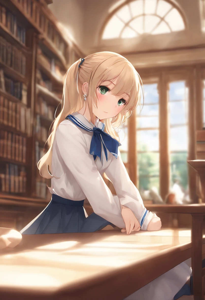((masterpiece,best quality, high resolution)), 1girl, solo, green eyes, blonde long hair tied with blue ribbon, blunt bangs, sitting, folded arms on the table, sleep on the folded arms, school uniform, white serafuku, red sailor collar, short sleeves, white pleated skirt, (in library), dramatic light, beside window, afternoon light through the window, afternoon, bokeh effect