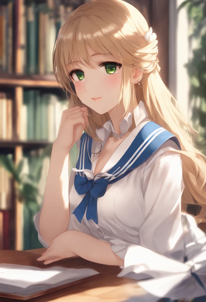 ((masterpiece,best quality, high resolution)), 1girl, solo, green eyes, blonde long hair tied with blue ribbon, blunt bangs, sitting, folded arms on the table, sleep on the folded arms, school uniform, white serafuku, red sailor collar, short sleeves, white pleated skirt, (in library), dramatic light, beside window, afternoon light through the window, afternoon, bokeh effect