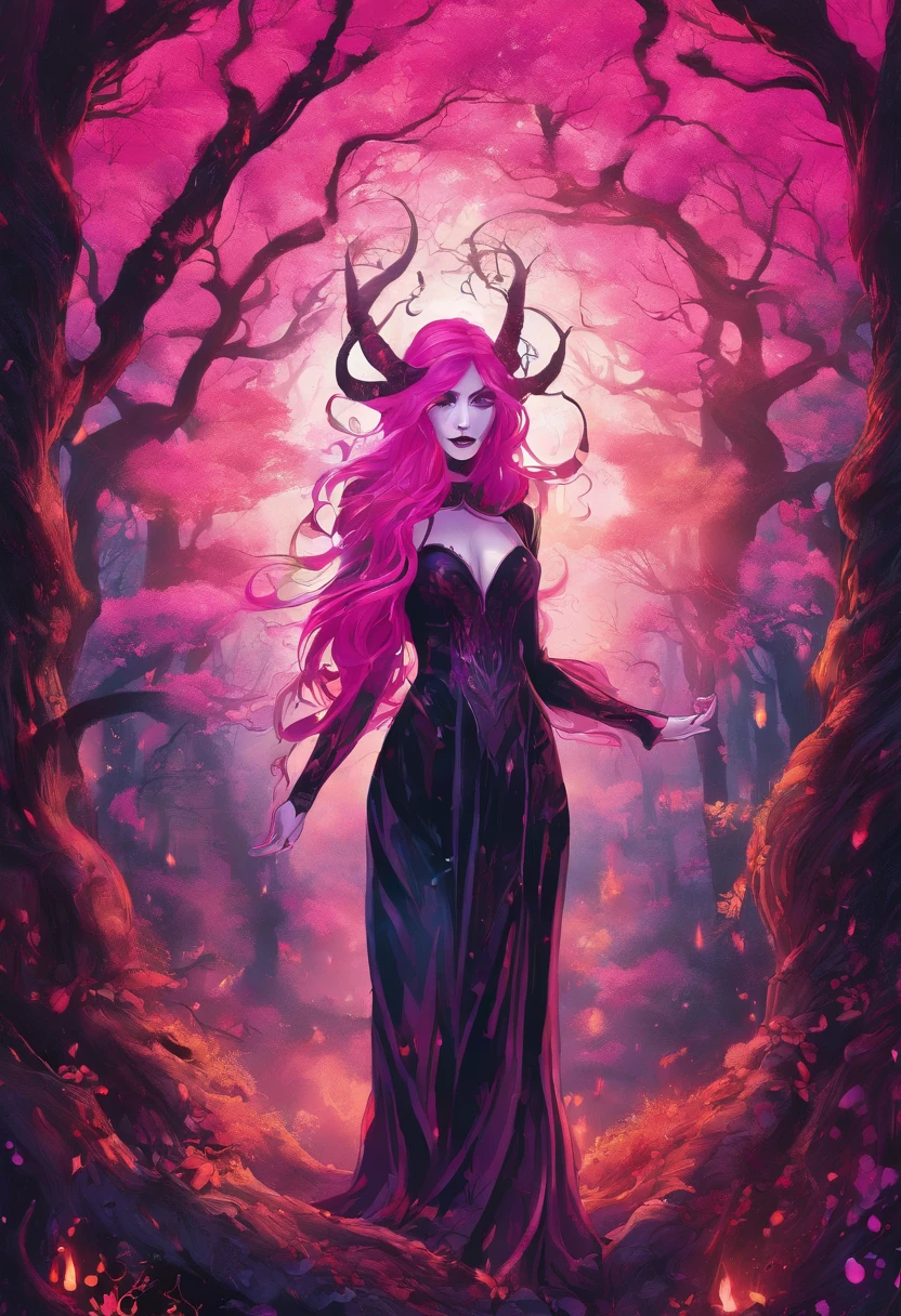 (a pink-haired demon woman,spells:1.1,glowing:1.1)(illustration)(best quality,ultra-detailed,realistic:1.37),demonic witch(demonic:1.1)(magic:1.1)(forest)(dark and mysterious,ominous atmosphere),casting powerful spells,creating magical energy(magic:1.1),vibrant pink hair(swirling pink hair)(flowing pink hair),horns(devil horns:1.1),piercing red eyes,enchanted scepter(magical scepter),elaborate dark robe,glowing magical sigils,fiery embers swirling(magical embers:1.1)(glowing embers),magical aura(glowing aura),eerie shadows,otherworldly presence(presence),sinister smile,nightfall in the background(dark night:1.1)(moonlit forest),lush and dense foliage(twisted trees)(mystical plants:1.1),mystical particles(swirling particles)(floating particles),ethereal glow(ethereal:1.1)(soft glow),faint moonlight breaking through the trees,haunting and captivating(scary atmosphere),bewitching beauty,wide range of colors(vivid colors)(contrasting colors),mystical realm,impressive details,dynamic composition,mesmerizing artwork,photorealistic style(picasso style),impressive shading and lighting,explosive energy,magical atmosphere(fantasy atmosphere),dreamlike scene