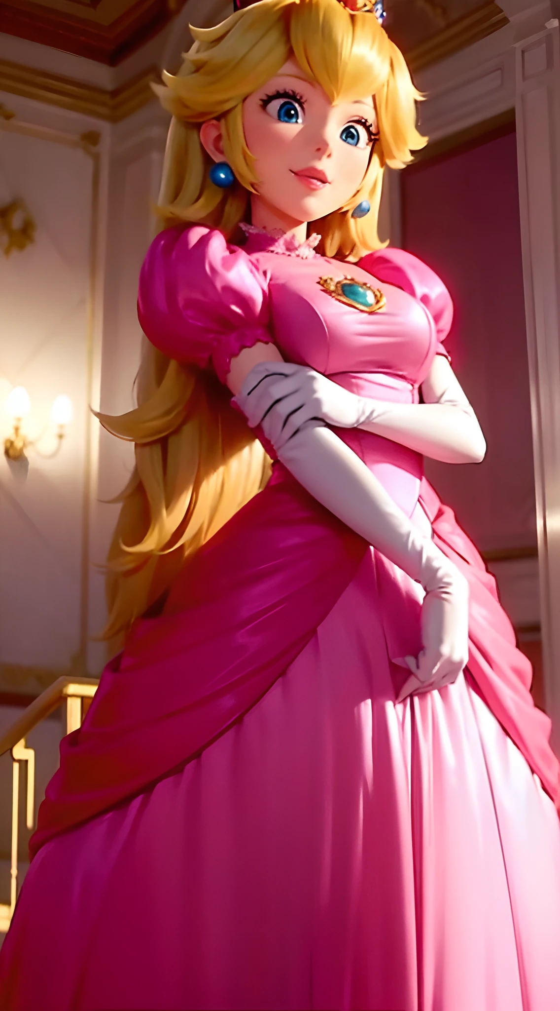 (Inside a castle setting,)  A petite Princess Peach wearing a beautiful hot pink dress, she is gentle and compassionate and is shown smiling gently, she is over 6 feet tall and wears a golden crown atop her blond hair and white gloves. With a focus on her large alluring chest, ( large chested, decolletage, ( poking through clothing)), she is depicted in a close-up shot from below.