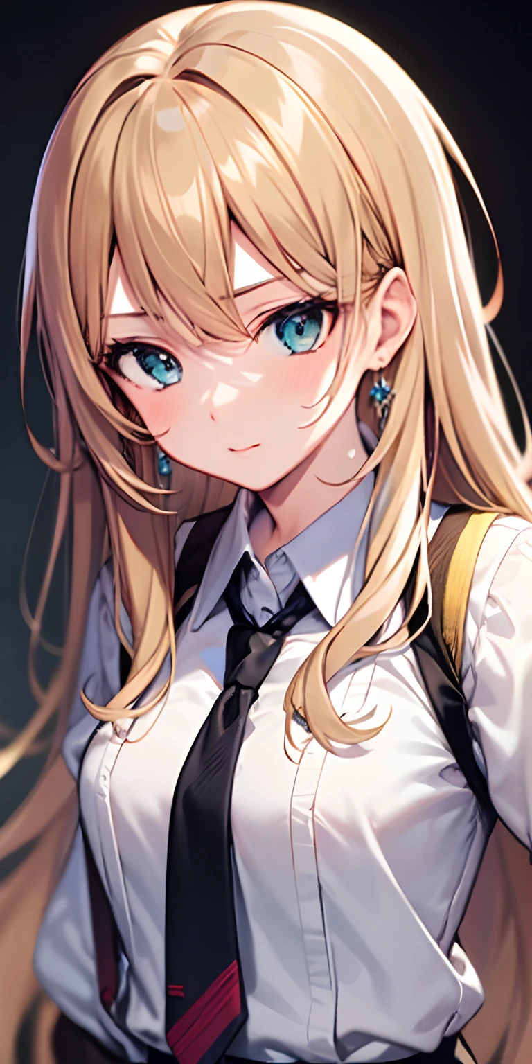 a girl with long blonde hair wearing a tie, Mahiru shiina, cg society, remodernism, anime, ultra detailed, best quality, expressive eyes, perfect face